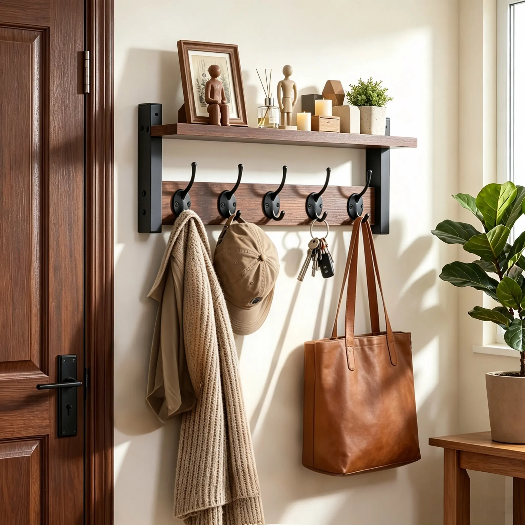 LOVEWE Rustic Wooden Wall-Mount 5-Hook Organizer with Shelf - Convenient Key Hooks, Wall Mount Design for Entryway Storage of Towel, Home Decor & Room Accessories