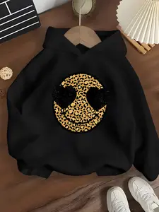 Girls' Hooded Sweatshirt Leopard Smiley Face Print, Casual Spring & Fall Fashion, Soft Fabric, Trendy Clothing
