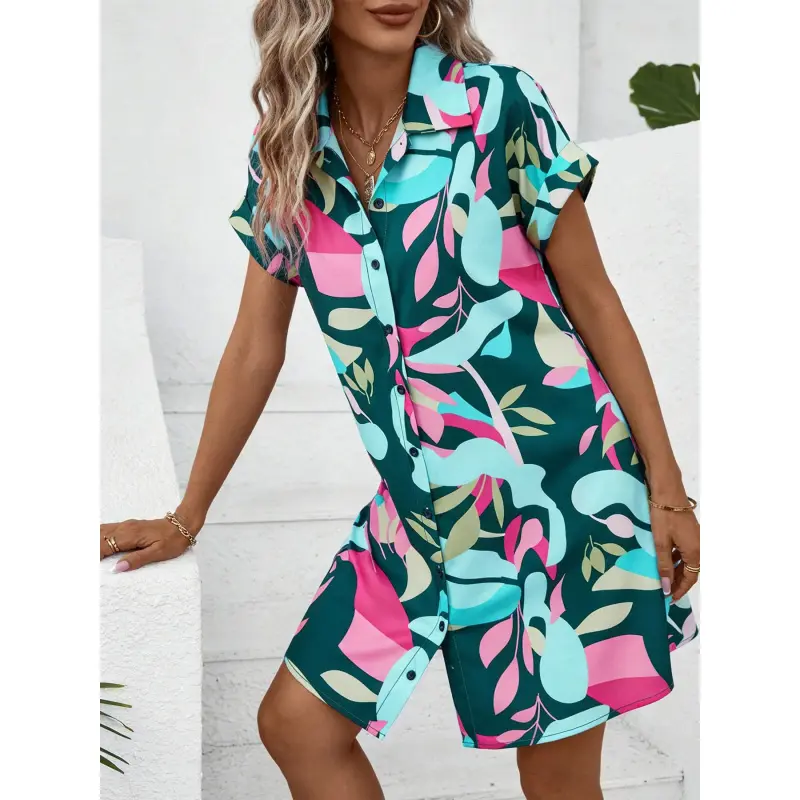 A women's colorful floral print open cardigan shirt collar raglan sleeve high-waisted A-line dress short sleeve shirt dress, suitable for summer, daily Casual Wear, vacation, dates, and gatherings, Bohemian Dresses