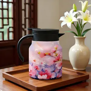 Double-Layer Insulated Coffee Pot with Filter, Watercolor Cherry Blossom Design, Stainless Steel Cup, Summer & Winter Use, Outdoor Travel Gift