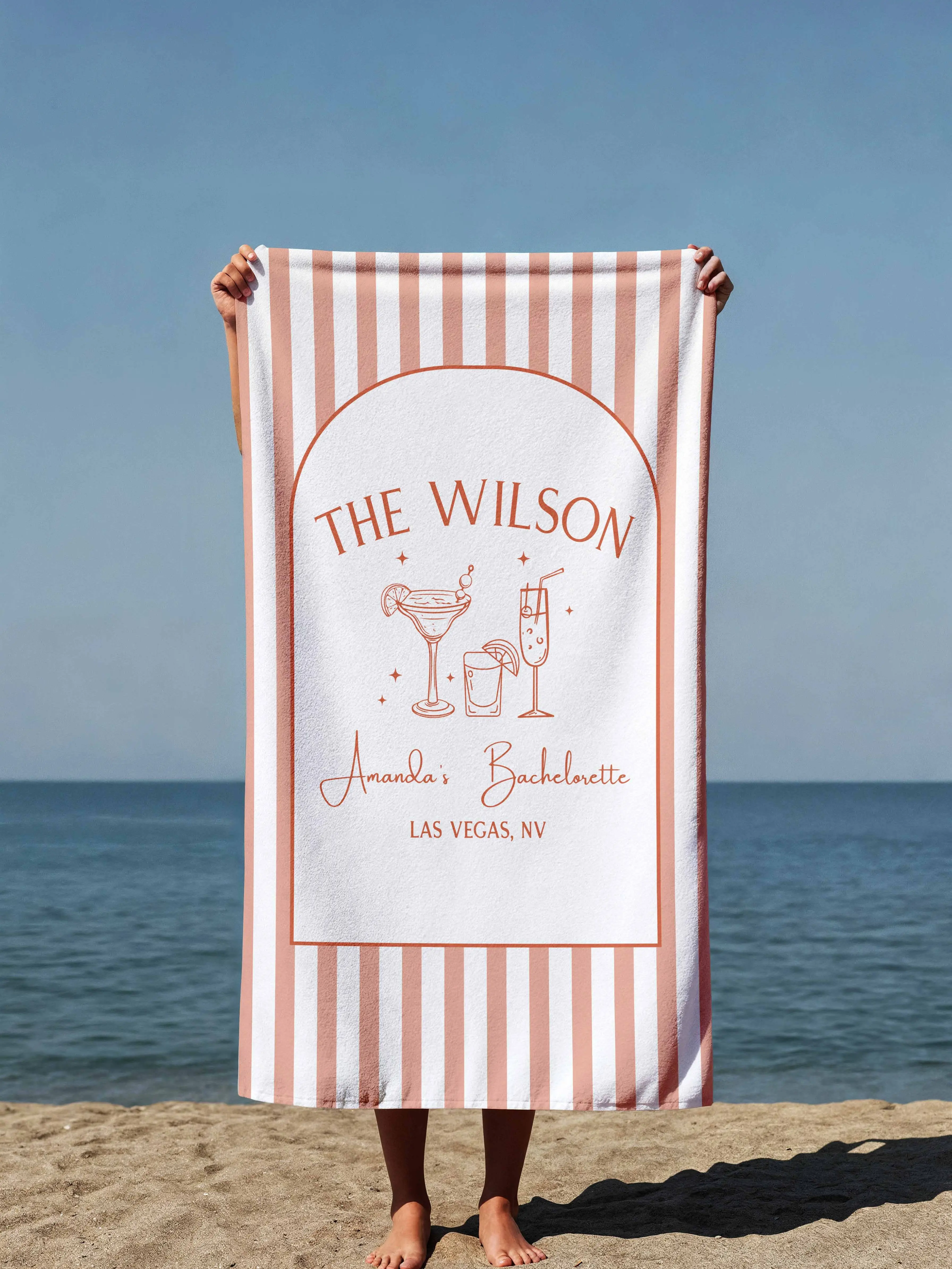 Custom Bachelorette Beach Towel - Personalized Bride Squad Gifts - Striped Cocktail Theme Summer Party Favors
