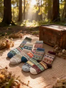Men's Vintage Ethnic Boho Mid-Calf Socks, Thick Coarse Thread Winter Warm Socks, 5 Pairs Fall & Winter Daily Wear