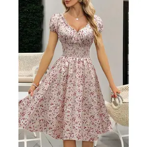 Women's New Vintage Floral Print Puff Sleeve French Style Dress, Elegant A-Line Midi Dress
