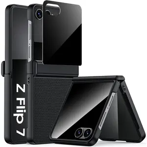 for Samsung Galaxy Z Flip 7 Case with Privacy Screen Protector & Hinge Protection, Slim Non-Slip Hard Full Body Shockproof Cover Wireless Charging Case for Galaxy Z Flip 7 (Black)