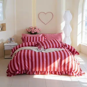 Three-Piece Striped Bedding Set, Modern Bedding Set, Ruffled Washable Fiber Duvet Cover and Pillowcases, Essential Home Decor Accessories