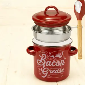 Enamel Grease Keeper with Strainer - 46OZ Large Capacity, Includes Silicone Spatula, Drippings Storage Container for Kitchen, Farmhouse Red Decor, Dishwasher Safe