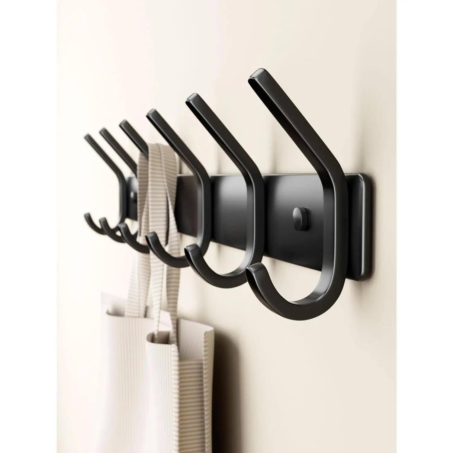 Matte Black Metal Wall-Mounted Coat Rack - 15in, 6 Hooks Home Decor Storage Solution for Entryway, Bathroom (Hangs Coats, Beach Towels, Bags, Wallets) (1 Piece)