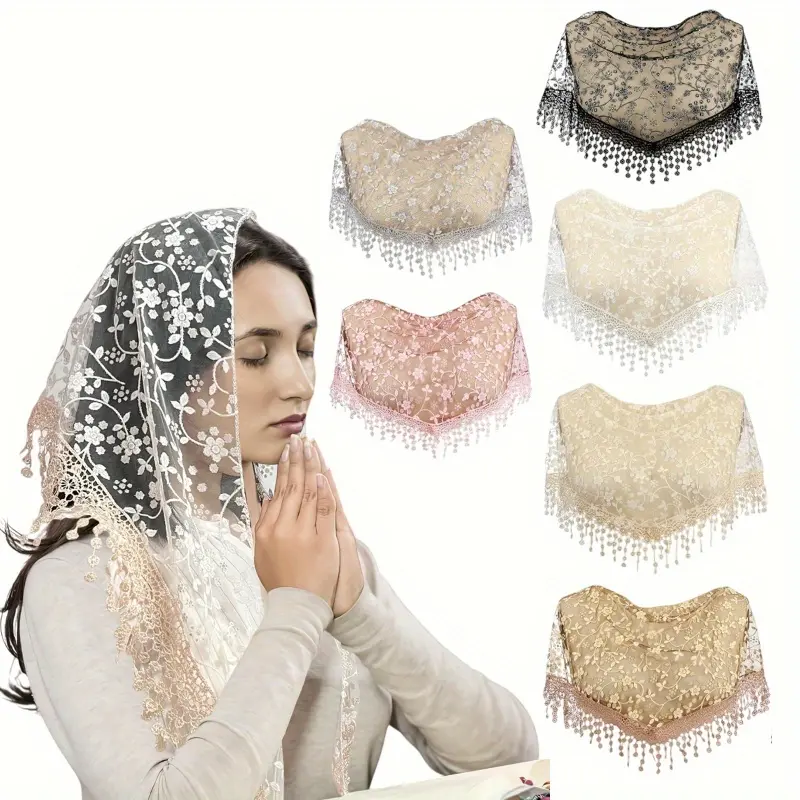 6 Packs Triangle Lace Veils for Church Catholic Mass Veils for Women Catholic Lace Triangle Mantilla chapel Head Covering Floral Tulle Scarf