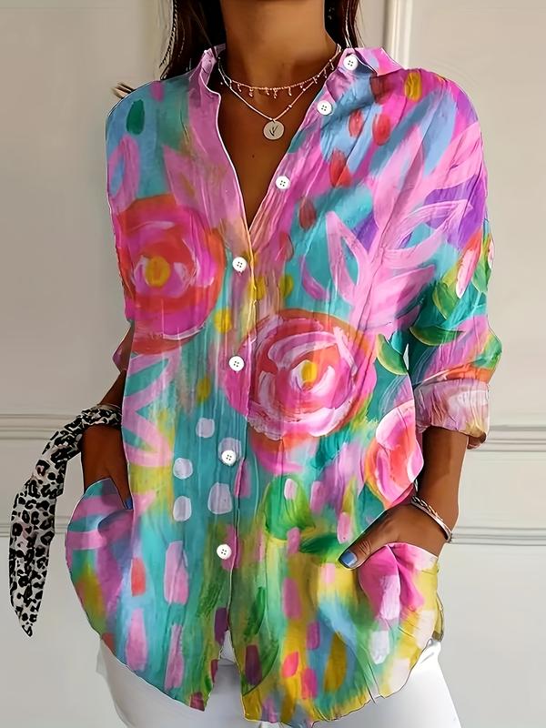 Women's Bohemian Style Printed Long Sleeve Shirt, Vibrant Peace Love Design, Casual Button Up for All Seasons