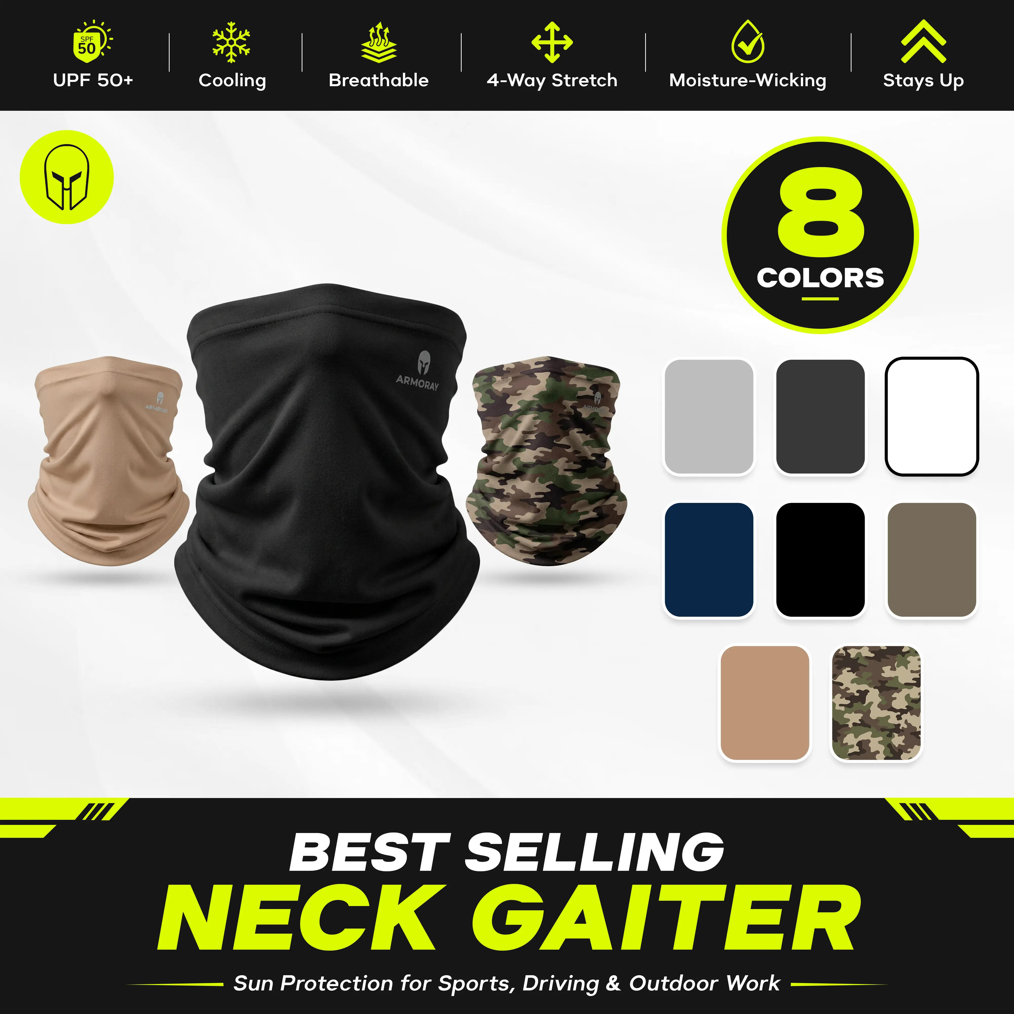 ARMORAY Performance Tek Bandana, UPF 50 Sweat-Wicking Neck Gaiter, Headband & Face Cover for Running, Cycling, Gym & Hiking
