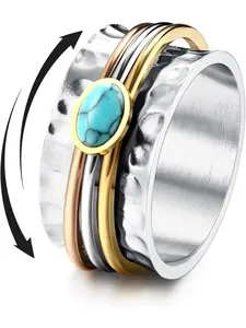 Unique 1 Pc Colorful Natural Thumb Ring 304L Stainless Steel Spinner Ring for Women Men Fashionable Moon Star Flower Butterfly Thumb Ring
