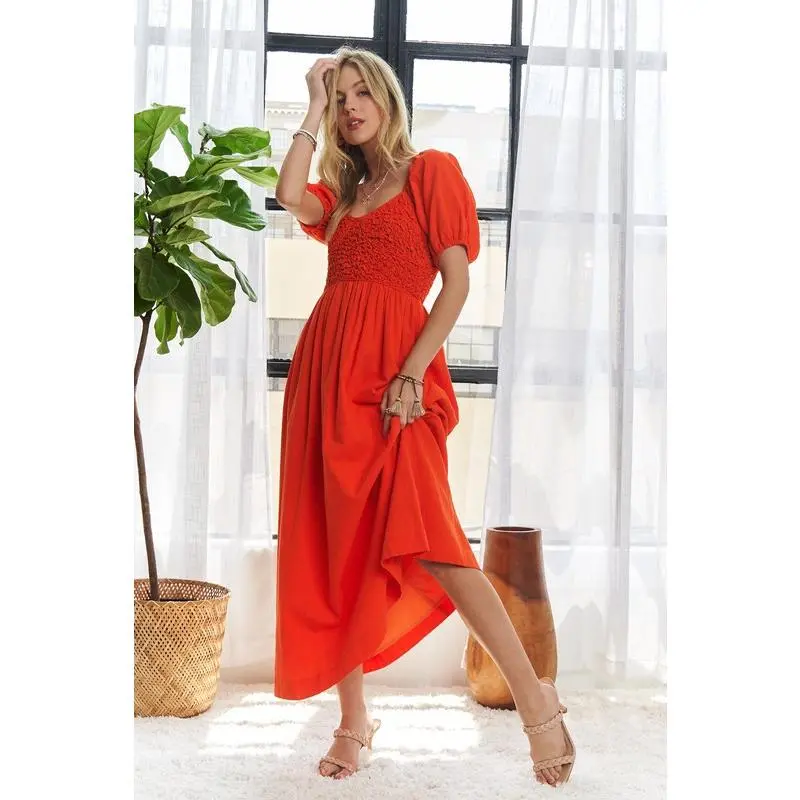 ADORA Popcorn Smocked Puff Sleeve Dress - Fashionable Design as shown