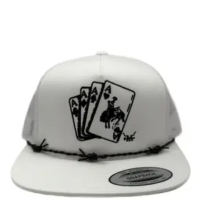 Black Gambler Hat - White Trucker Cap with Poker Ace Design and Rope Detailing.