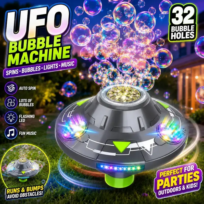EFFUN-2026 Upgraded UFO-Shape Multifunction Bubble Maker Toy,UFO bubble machine with lights and music · 32 hole bubble machine · 360 rotating bubble maker ,birthday gift for kids · Easter gift bubble toy, baby sensory toy · crawling training toy