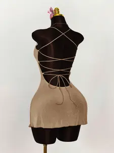 Khaki Ruched Mini Dress - Sexy Backless Bodycon for Parties & Club Nights