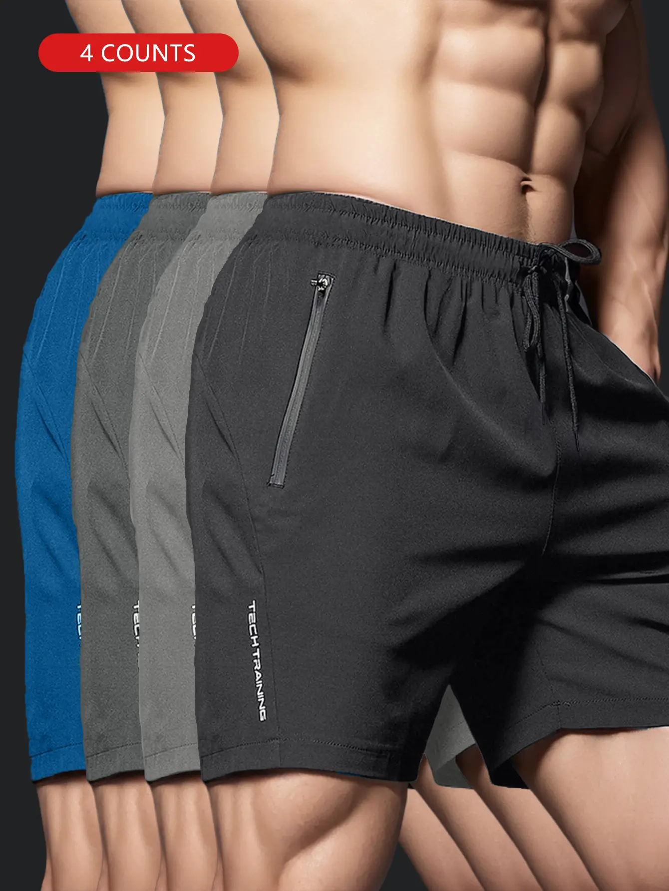 4pcs Men's Quick-Dry Swim Trunks with Zipper Pockets & Reflective Strips - Ice Cool Instant Cooling Fabric, Elastic Waistband, Drawstring, Perfect for Beach & Outdoor Activities  Active Swimwear | Quickdry Trunks | Polyester Elastane Blend