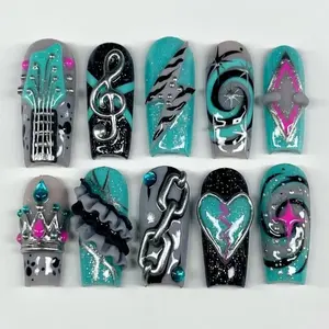 Summer Vibe Press On Nails Rocker 3D Guitar Kawaii Teal Black Grey Crown Lightning Chain Heart Music