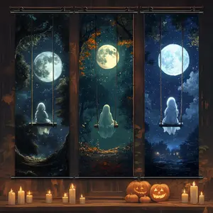 Halloween Hanging Banner, Wall Hanging Backdrop, 3 Counts/set Ghost Swing Pattern Wall Art, Funny Ghost Room Decoration, Horror Poster, Halloween Decorations, Halloween Gift, Party Posters
