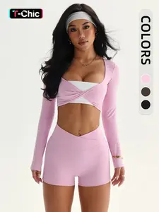 Casual Sporty Long Sleeve Top and Shorts Set, Sexy Colorblock Low Neck Yoga Top and High Waist Butt Lifting Shorts, Two Piece, Stretchable Activewear, Sports Activewear