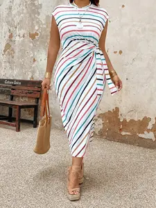【Plus Size】Striped Print Dress, Casual Round Neck Dress for Daily Wear, Women's Plus Clothing for All Seasons, Womenswear, Lady Dress