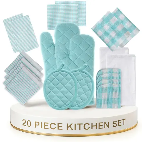 LANE LINEN 20-Piece Cotton Kitchen Cleaning Set - Towels, Dishcloths, Terry Cloths, Scrubbers, Flour Sack, 350°F Heat Protection Oven Mitts, Pot Holders - Lint-Free, Double Stitch, Long-Lasting, Machine Wash, Tumble Dry - Baking Gift Option