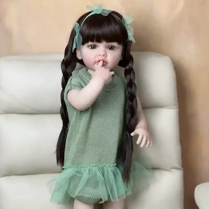 22in Realistic Princess Doll - Full-Body Soft Vinyl Doll with Long Black Hair, Green Skirt, Accessories, Unisex Princess Themed Gifts for 3-4 Years, Sits & Stands, Ideal for Collectors
