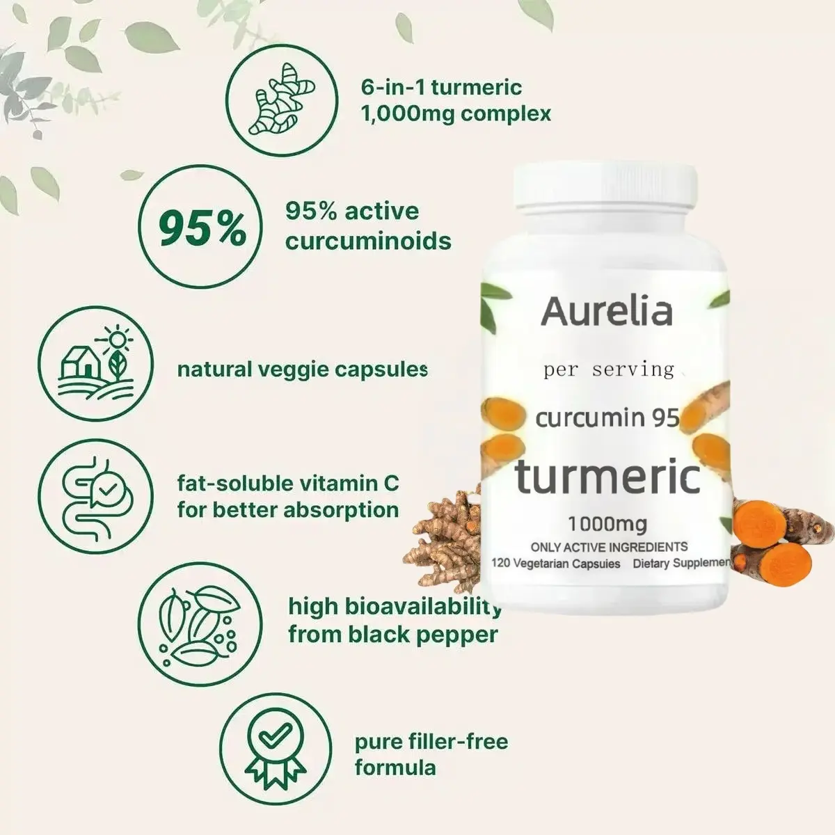1Aurelia Turmeric Capsule 1000mg Complex with 95% Active Curcuminoids & Vitamin C for Better Absorption Pure Filler-Free Formula