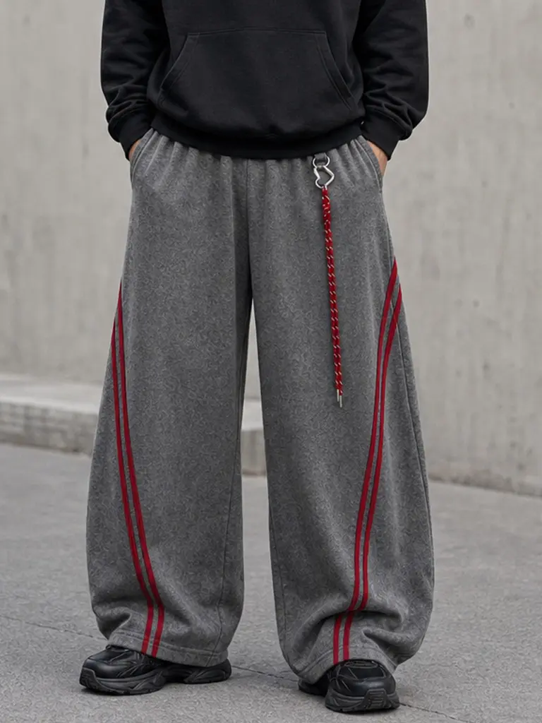 TELLFUN-- Gray Baggy Wide-Leg Sweatpants - Y2K Sporty Activewear with Side Stripes, Unisex Oversized Casual Athletic Joggers for Everyday Loungewear