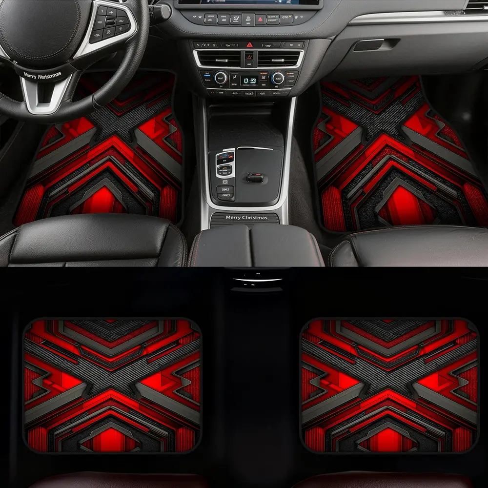 4pcs Car Floor Mats, Automotive Floor Mats adorned with Crimson Geometric Interlock Design for Pickup Trucks or Minivans, providing Easy Maintenance surfaces and Car Owner Gift, while also fitting Business Use and Car Interior Accessory