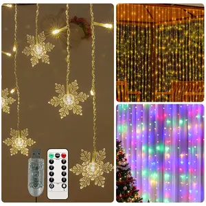 3-type 300 LED Curtain String Lights 9.8x9.8ft Waterproof Fairy Lights & Christmas Snowflake Window Curtain String Lights with 8 Modes & Remote Control Super Bright for Christmas Weddings Parties Bedrooms Walls and Windows