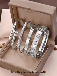 Elegant Stainless Steel Bracelet Set, 4-Piece Luxury Fashion Accessory, Perfect Gift for Women & Girls, Daily Wear Jewelry, Minimalist Bangle, Stackable Bracelet