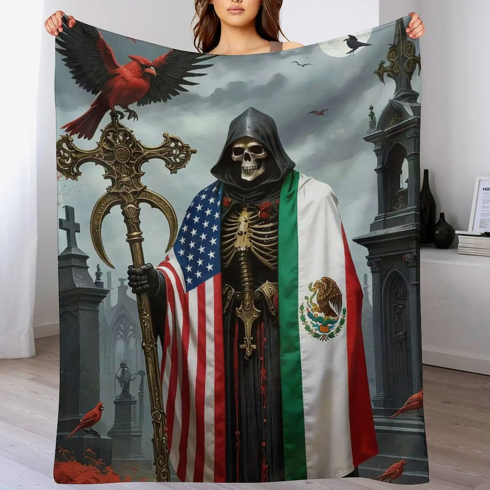 Grim Reaper Skeleton Flannel Blanket with USA-Mexico Flag Print, Ultra-Soft Warm Lightweight, for Gothic Home Decor, Halloween Gift & Gothic Lovers’ Sofa Throw (Day of the Dead Themed)