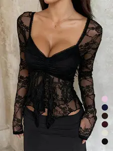Elegant Lace Long Sleeve Top, Women's Fashionable Blouse, Stylish Hollow Out Design, Perfect for Casual Wear, All Seasons
