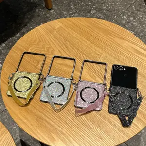 Side Hanging Magnetic Strap Sparkle Phone Case, Foldable Full Cover Protection for Samsung Zflip3/4/5/6/7 Flip Phones
