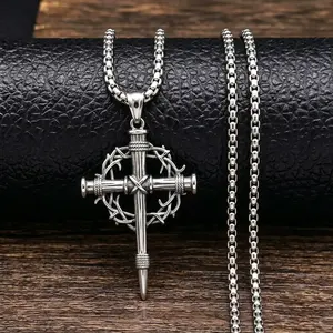 Crown Cross Necklace For Men , Retro Crucifix Of Thorns Pendant, Jesus Christ Cross Chain With Diadem, Faith Cross Jewelry, Vintage Cross Necklace For Women