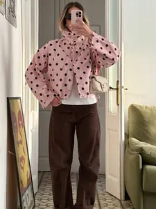 Indefeir Spring Autumn New Women's Fashion Polka Dot Jacket, European Style, Casual Loose-Fit, All Seasons, Woven Fabric, Zipper Closure