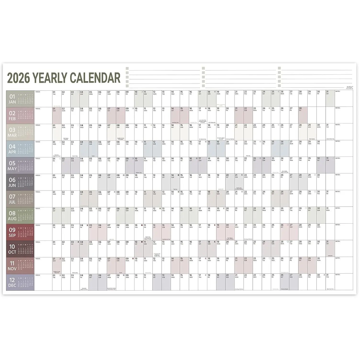 2026 Yearly Wall Calendar - 2026 Wall Calendar, Jan. 2026 - Dec. 2026, Yearly Wall Calendars 2026 with Julian Dates, Thick Paper, Round Sticks, Large Wall Calendars, 34.8" x 23.1"(Open)