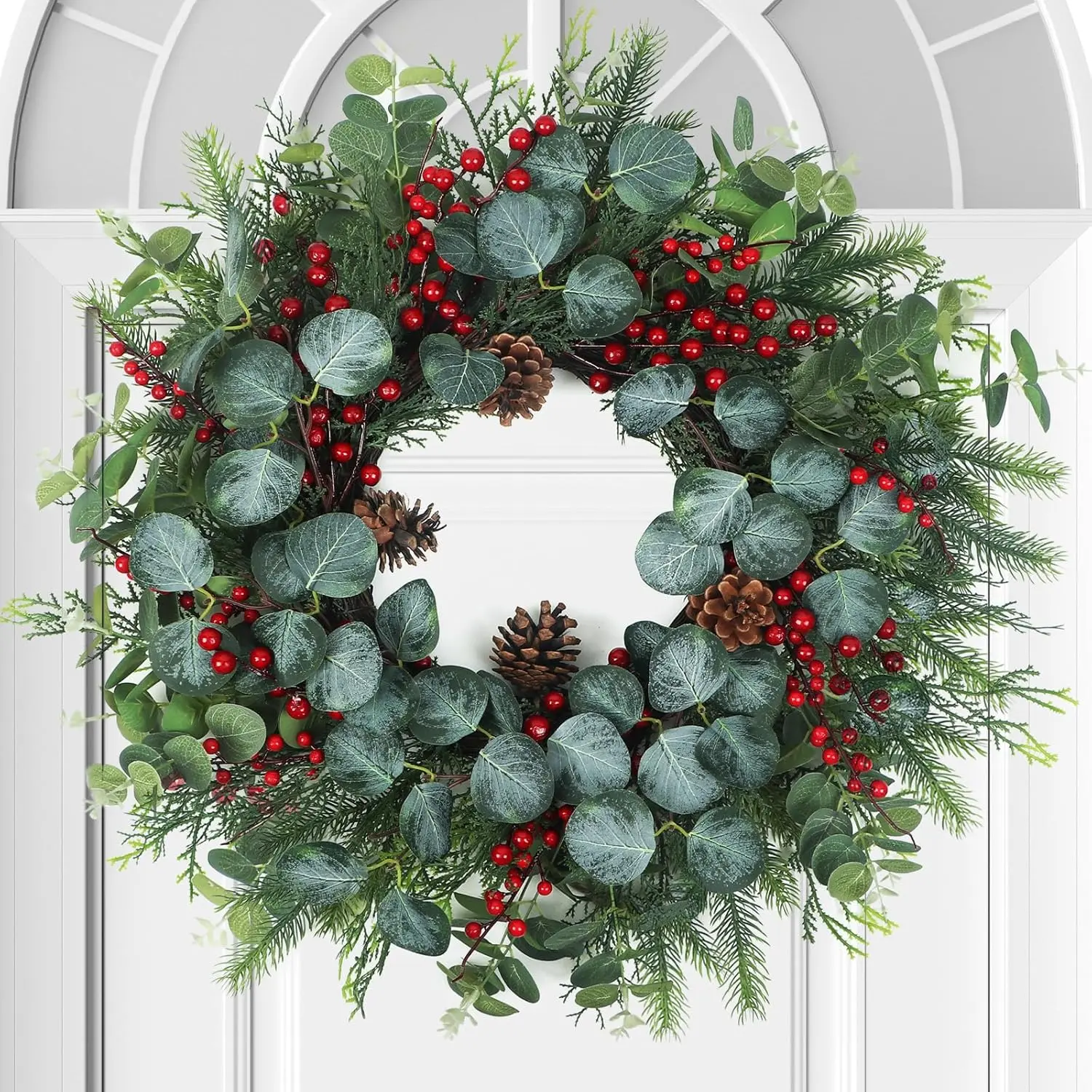 Spring Wreaths for Front Door,Boxwood Wreaths for Indoor and Outdoor Wedding Decorations,Spring Wreath with Pine Cones and Leaves,Berries,Eucalyptus Leaves for Home Decor