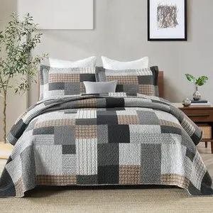 ,  Bedding Set, 3 count,  Cotton, Farmhouse Patchwork Quilt, Plaid Reversible, Grey/Black/Brown/White, All-Season Use, Lightweight, Washable