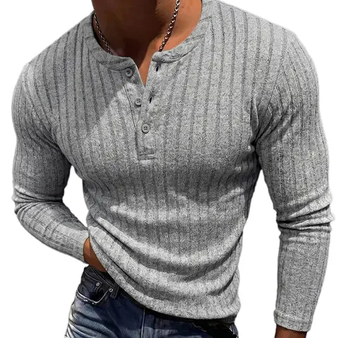 Grandclad Men’s Ribbed Henley Long Sleeve Shirt Slim Fit Stretch Casual Knit Pullover for Men Soft Breathable Fashion Tee