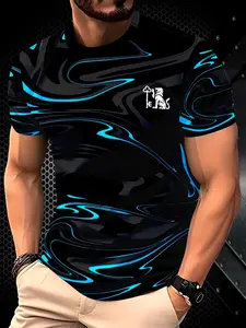 Men's Blue- Graphic Print Short Sleeve T-Shirt, Casual Fitted Long Tee, Streetwear Fashionable and Dynamic Style, All Seasons Wear, Top