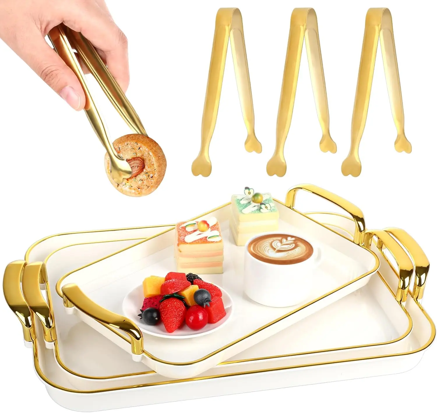 3 Pcs Serving Tray with Handles, Stackable Serving Platters with 3 Sugar Cube Tongs, 16.5/14.9/13.2 Inch Rectangle Food Trays, White Party Platters for Dinner, Cookie, Cake, Cheese and Fruit