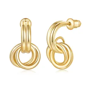 MINDDHA 14K/18K Chunky Gold Plated Door Knocker Earrings for Women – Geometric Drop Dangle Statement Earrings – Trendy Knot Link Earrings – Elegant Gold Dangle Earrings Jewelry (23 mm x 12 mm)