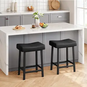 24 Inch Backless Saddle Barstools Set of 2, Counter Height Upholstered Padded Barstools with Curved Surface, Metal Leg and Footrest, for Kitchen Counter, Home Bar (Black, 24 inch-Set of 2)