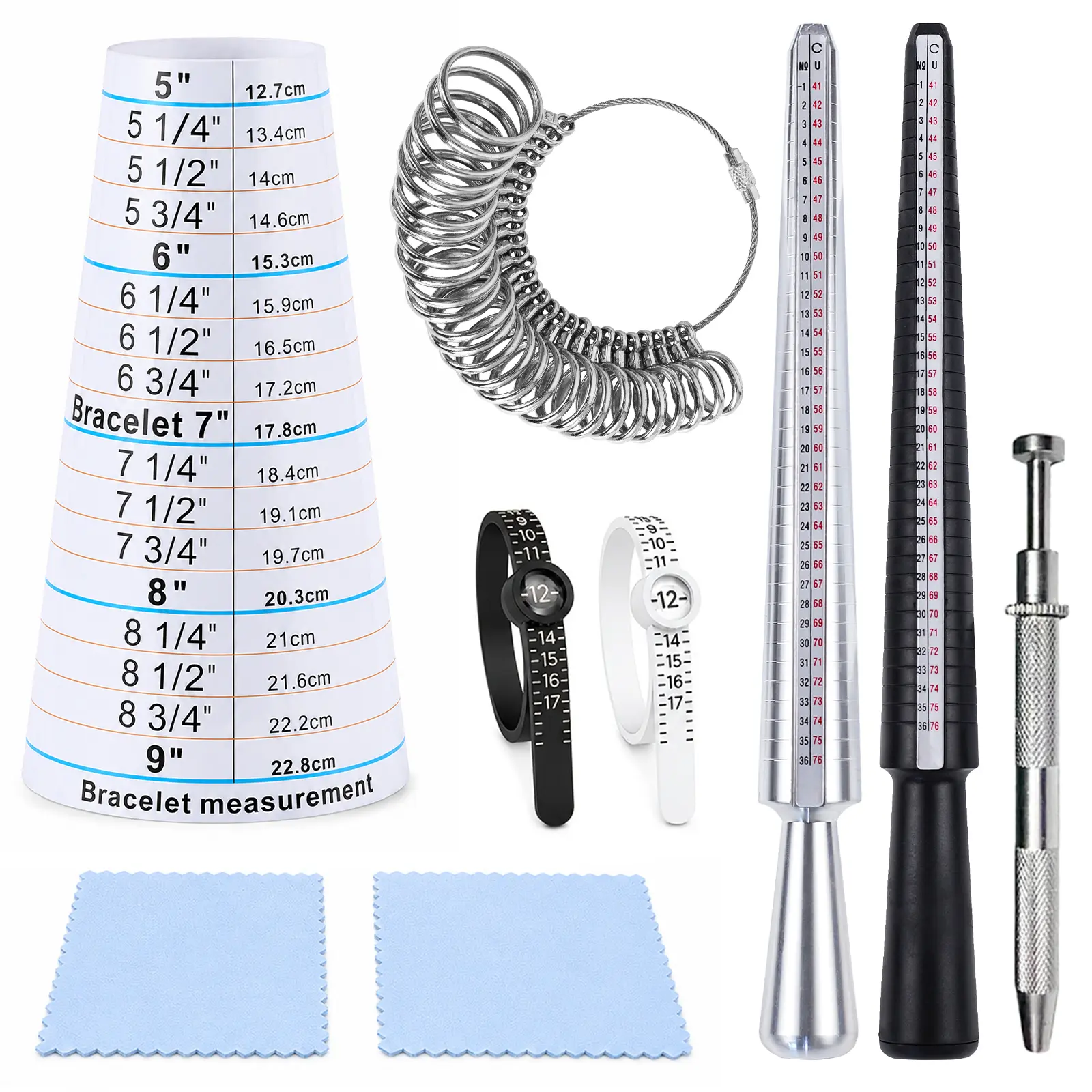 Jewelry Ring & Bracelet Sizer Tool Set, Ring Mandrel and Ring Gauge Kit with Bracelet Measuring Cone, Adjustable Ring Sizer Belts, Gem Pickup Tool and Polishing Cloths