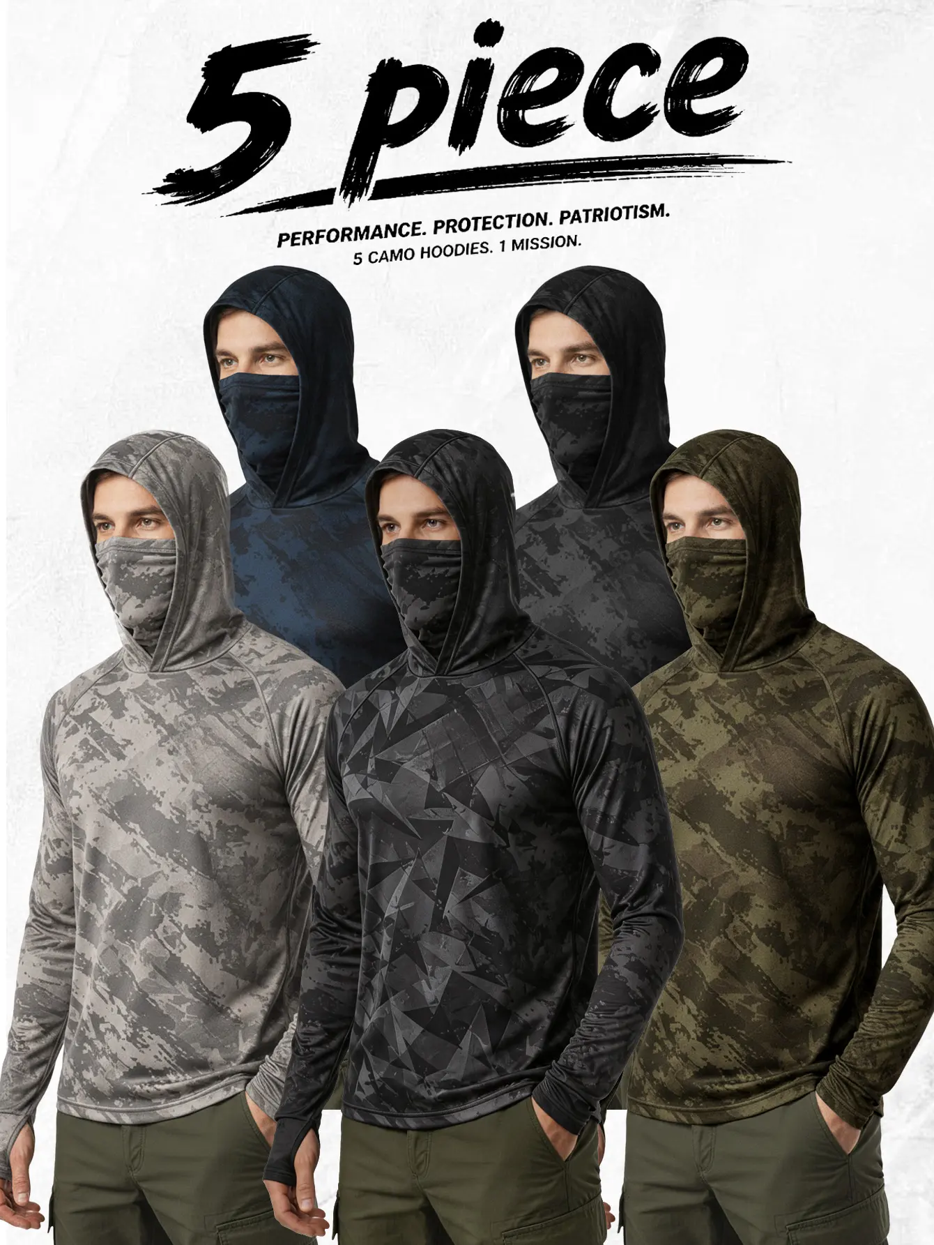 5-Pack Tactical Camouflage Hooded Shirts with Built-In Face Mask, Long-Sleeve Lightweight Performance Balaclava Hoodies, UV Protection Outdoor Hunting/Fishing Motorcycle Neck Gaiter Tops for Men
