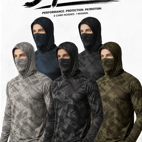 5-Pack Tactical Camouflage Hooded Shirts with Built-In Face Mask, Long-Sleeve Lightweight Performance Balaclava Hoodies, UV Protection Outdoor Hunting/Fishing Motorcycle Neck Gaiter Tops for Men