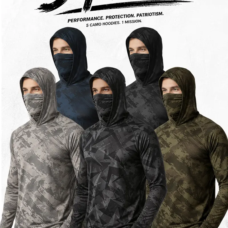 5-Pack Tactical Camouflage Hooded Shirts with Built-In Face Mask, Long-Sleeve Lightweight Performance Balaclava Hoodies, UV Protection Outdoor Hunting/Fishing Motorcycle Neck Gaiter Tops for Men