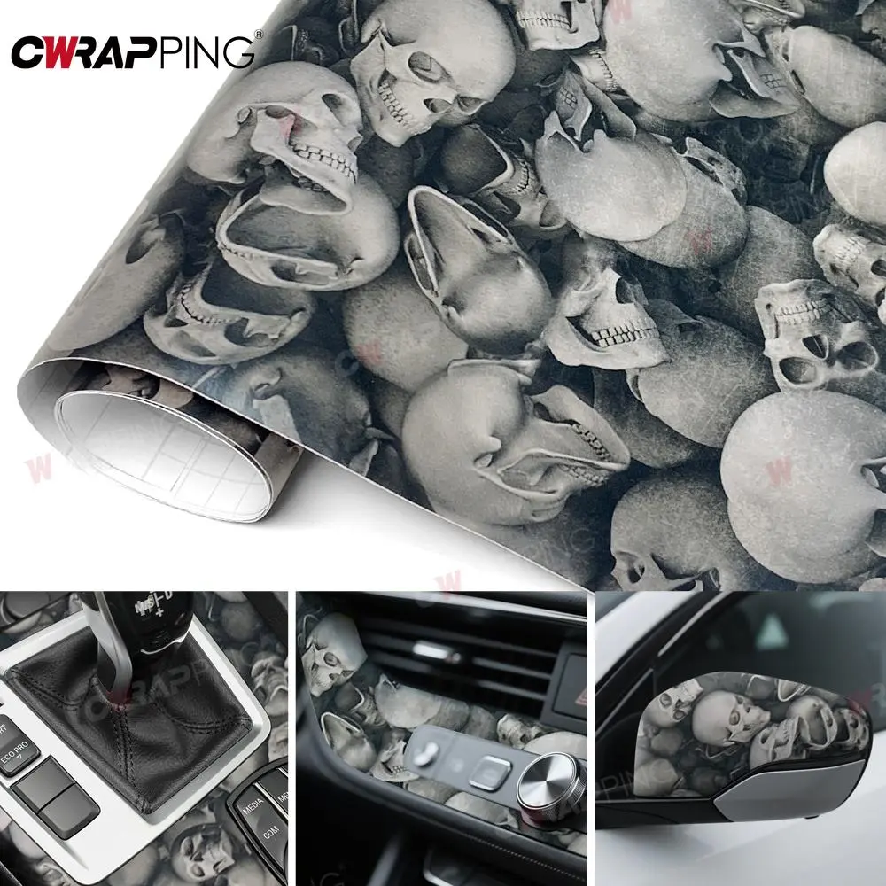 Car Adhesive Vinyl Waterproof Car Wrapping Film Skull Black Vinyl Wrap Cover Air Release Foil Body Covering Vehicle Decoration