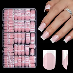 300Pcs Sharp Square French Tip Press On Nails-Anyos Gel Nail Tips Short,No File Need Tips Pre-Designed,Fake Nails for Nail Art DIY 15Sizes(Pink)